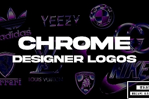 【PNG素材】20款酸性镀铬闪亮光泽纹理时尚品牌Logo徽标设计PNG素材 MoonBear& Chrome Designer Logos