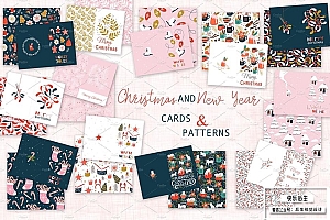 【矢量素材】12款手绘插画圣诞装饰设计元素卡片海报包装印刷无缝图案矢量素材 Christmas cards and patterns