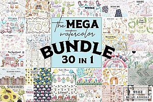 【图片素材】28套儿童绘画水彩涂鸦花鸟绿叶动物玩具PNG剪贴素材无缝图案套装合集 The Mega Watercolor Bundle