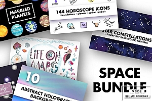 【矢量素材】150+童趣手绘宇宙行星星座图形符号太空背景插画设计矢量素材 Space Bundle