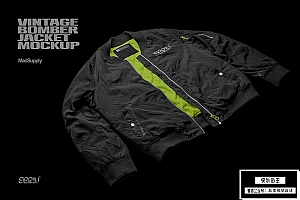 【PS样机】复古飞行员圆领拉链夹克衫服饰外套PS贴图样机 Vintage Bomber Jacket Mockup