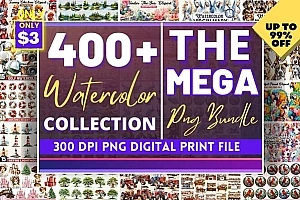 【PNG素材】400+水彩植物景观花鸟动物玩具卡车星星月亮圣诞装饰墙贴贺卡礼品包装剪贴画PNG元素合集 The Mega Watercolor PNG Bundle